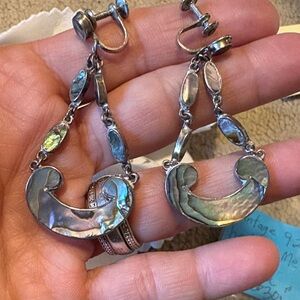 Elegant .925 Silver and Abalone Drop Screw-back Signed Earrings